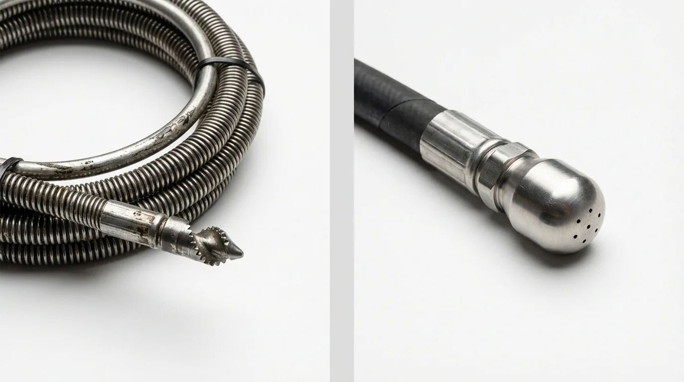 Drain snake cable and hydro jetting nozzle used for drain cleaning in Great Falls, SC