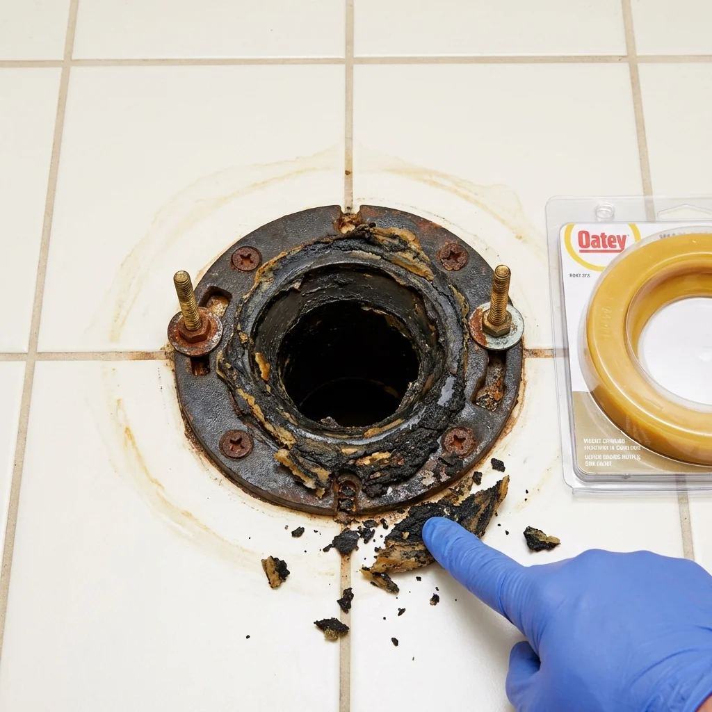 Failed wax ring showing water seepage at the base of a toilet in a Great Falls, SC home