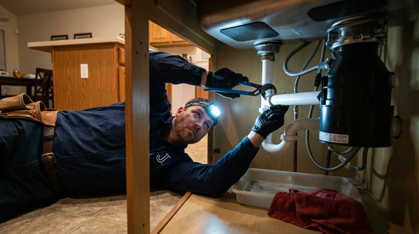 P-trap and supply line connections under a kitchen sink showing a common leak point in Great Falls, SC